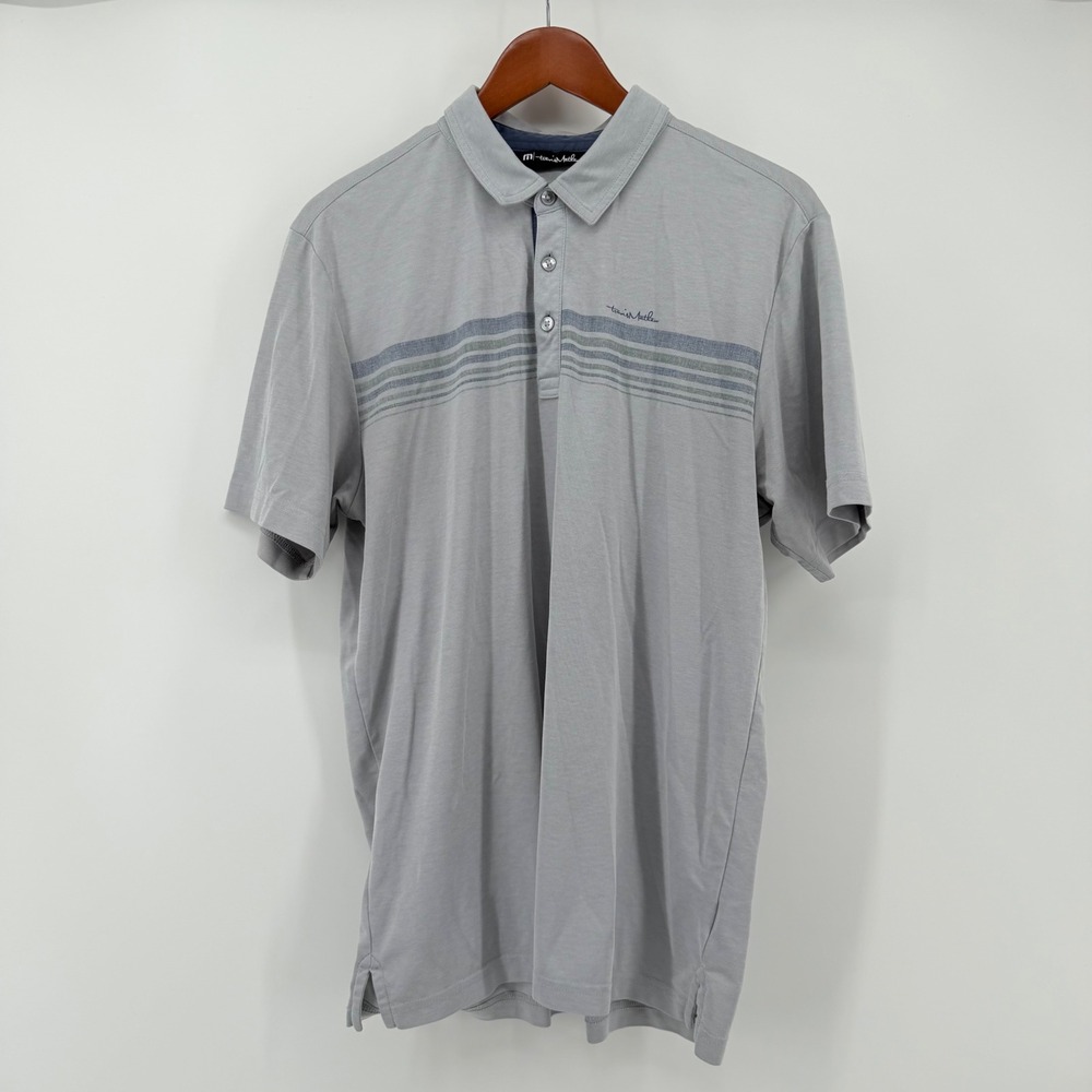 TravisMathew Large Flight Plan Polo Shirt Grey Graphic Chest Stripe Pima Blend